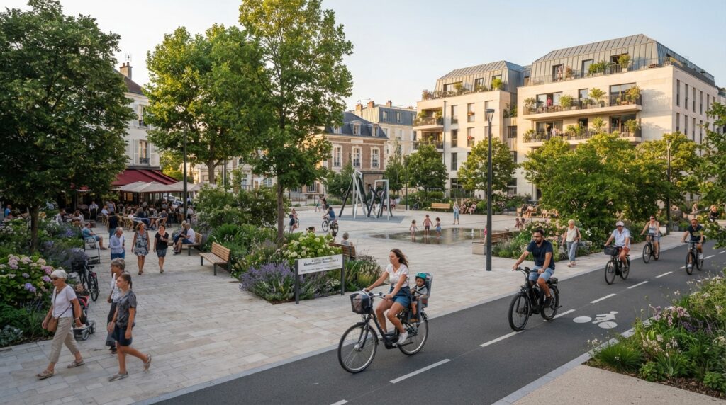 Illustration d'une place végétalisée et animée avec piste cyclable et habitants à Sceaux