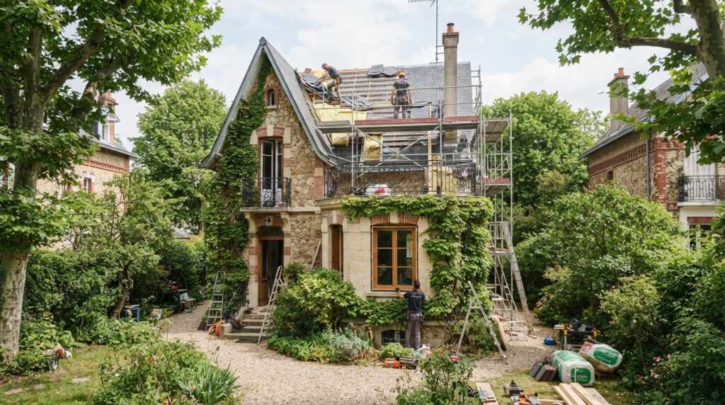 Maison ancienne en rénovation à Sceaux, ouvriers sur toiture et fenêtres, architecture préservée.