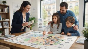 Famille consultant un plan de ville avec écoles et logements stylisés