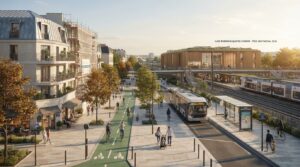 Scène urbaine animée autour d'une gare, avec bus, piétons et espaces publics en travaux.