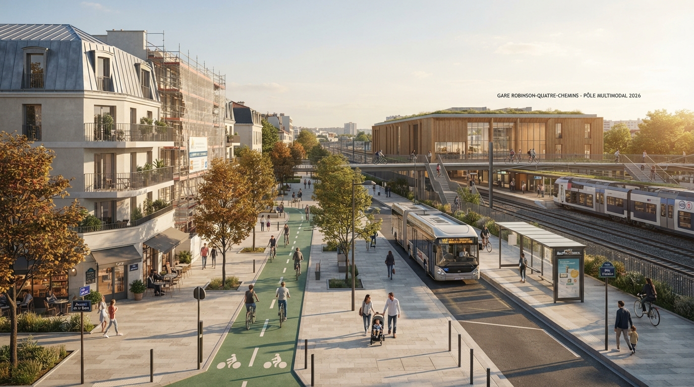 Scène urbaine animée autour d'une gare, avec bus, piétons et espaces publics en travaux.